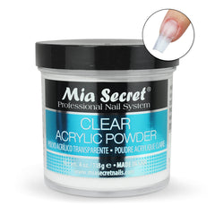 Mia Secret Clear Powder jar closeup highlighting crystal clarity for nails.