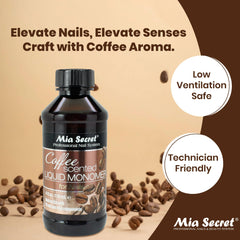 Mia Secret coffee-scented liquid monomer application shows strong adhesion and smooth blending.