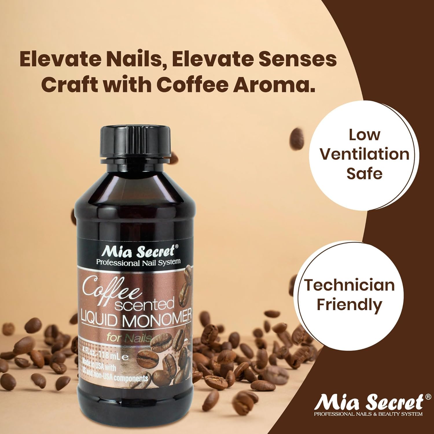 Mia Secret coffee scented liquid monomer applied on nail demonstrating adhesion