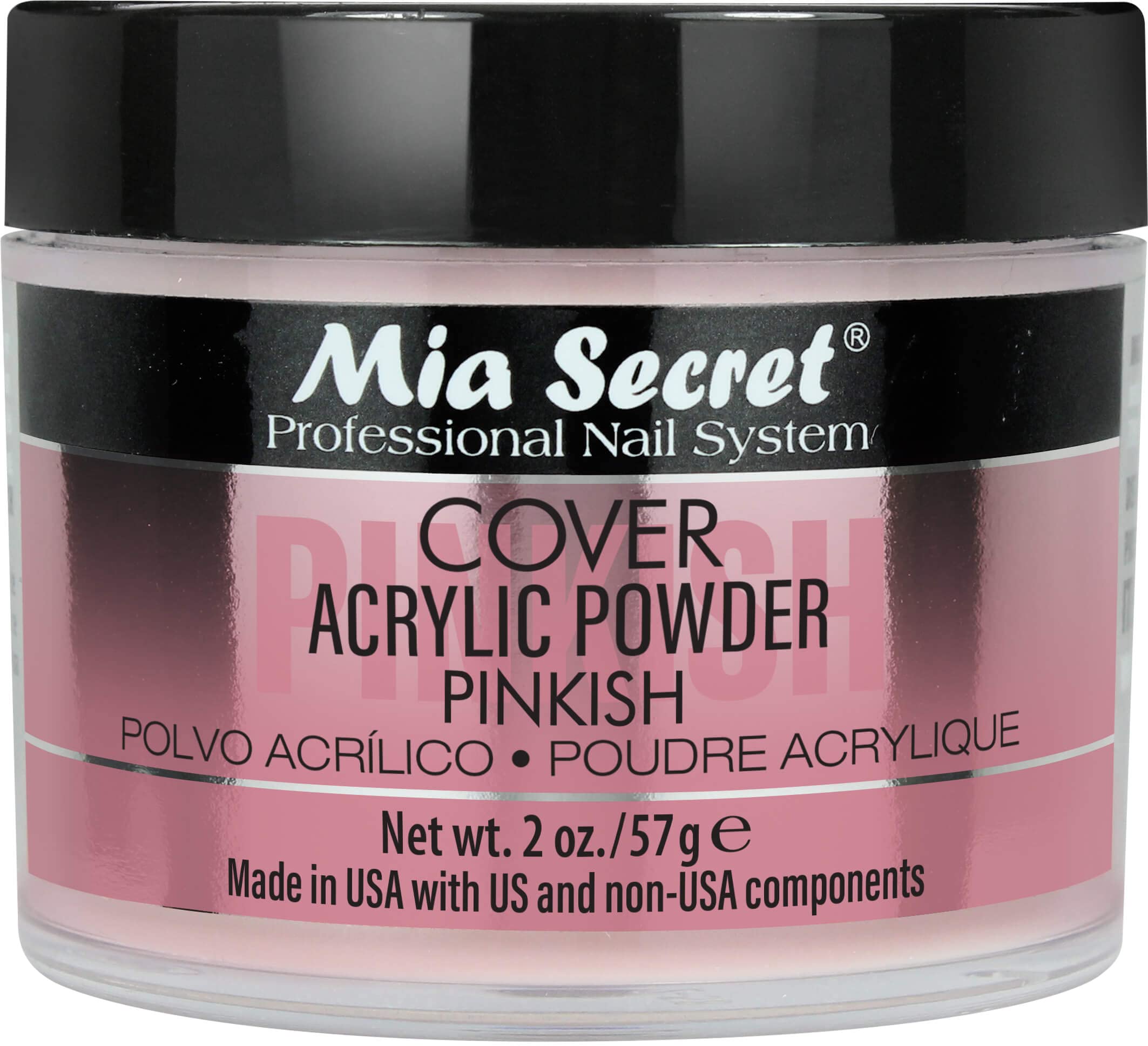 Mia Secret Cover Pinkish Acrylic Powder packaging signals US-made quality and dependable wear