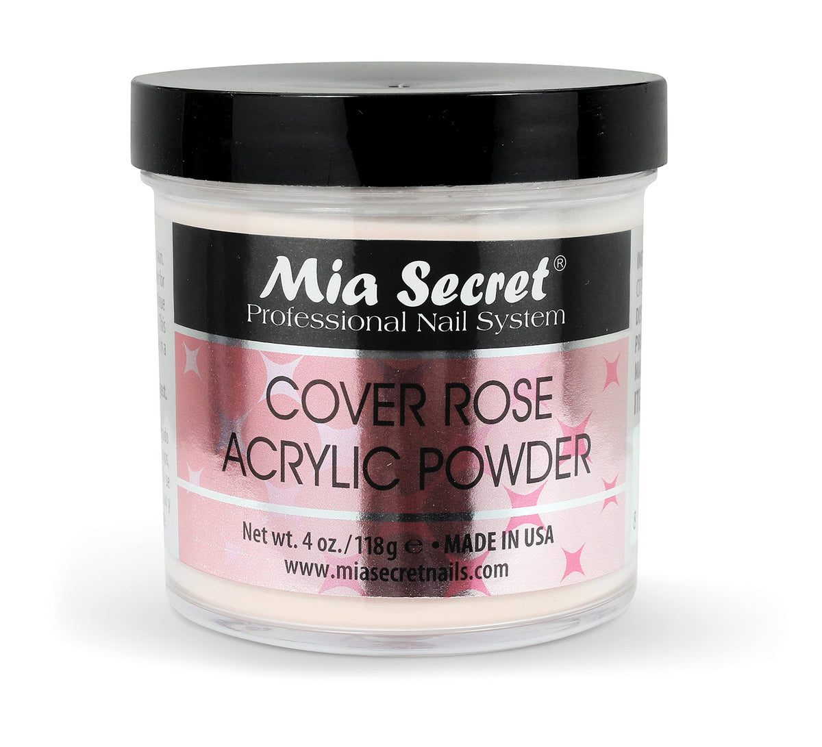 Mia Secret Cover Rose acrylic powder cap close-up shows smooth mixability for precise color.