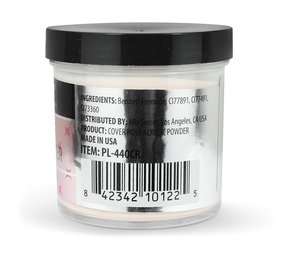 Mia Secret Cover Rose acrylic powder powder dispense close-up highlights fine particle texture for even coverage.