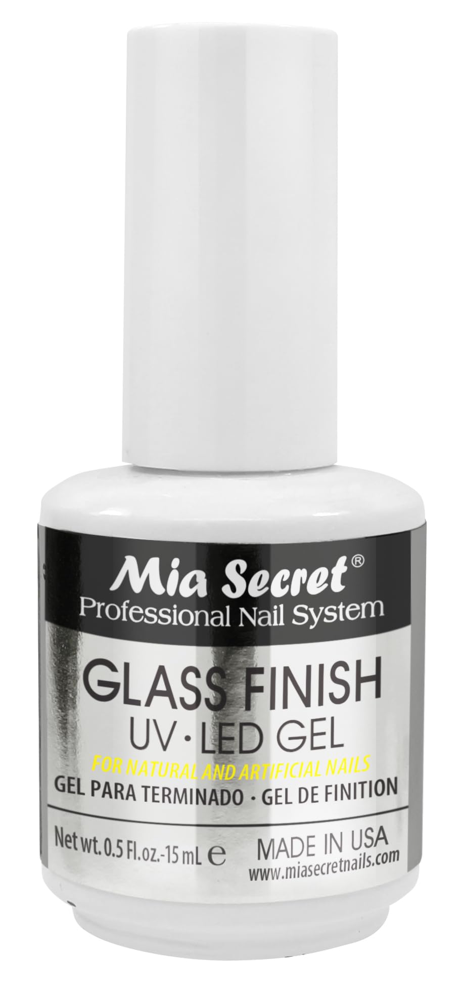 Mia Secret Glass Finish bottle closeup showing clear UV-LED gel for residue-free finish.