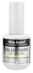 Mia Secret Glass Finish bottle closeup showing clear UV-LED gel for residue-free finish.