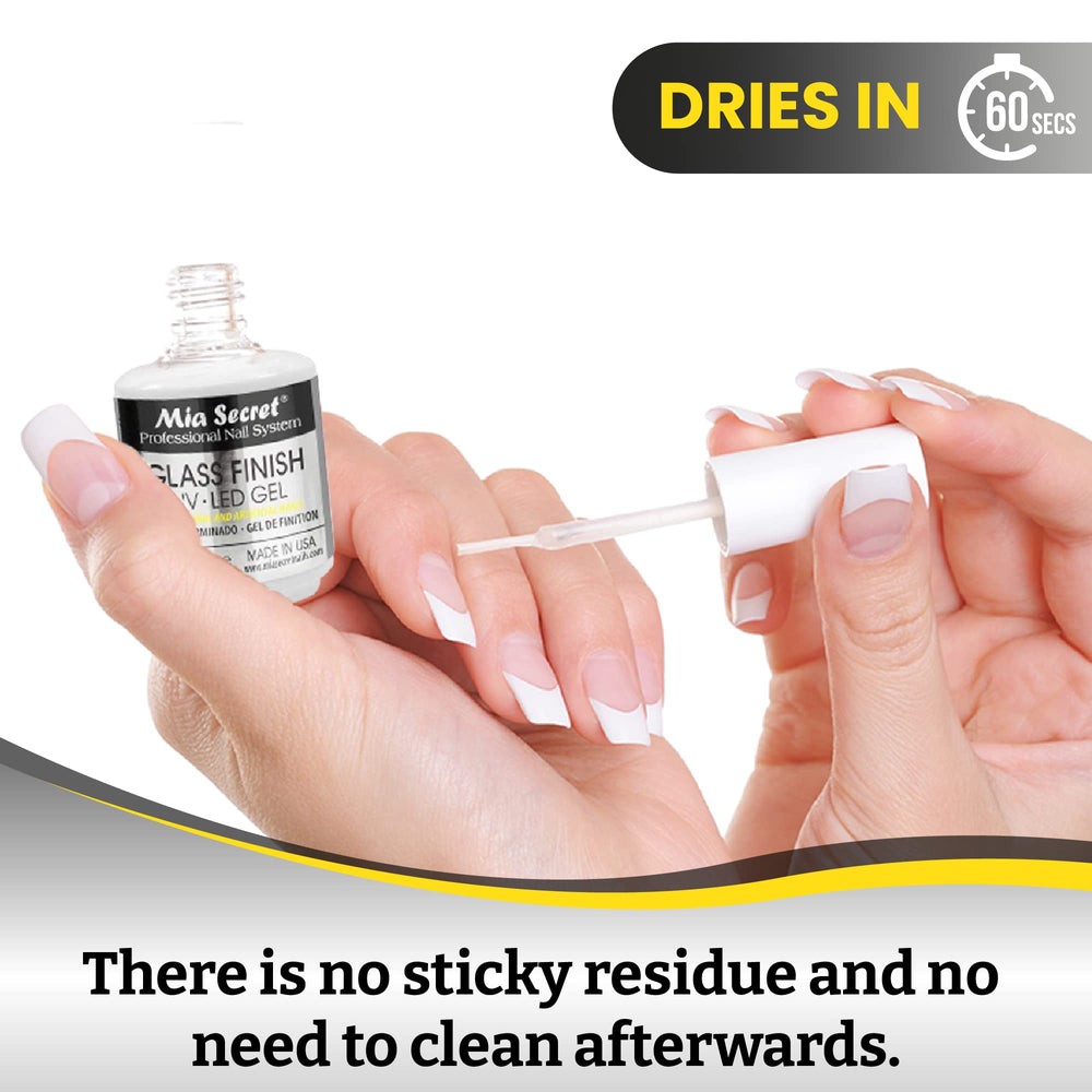 Mia Secret Glass Finish cures with no sticky residue for a clean result.
