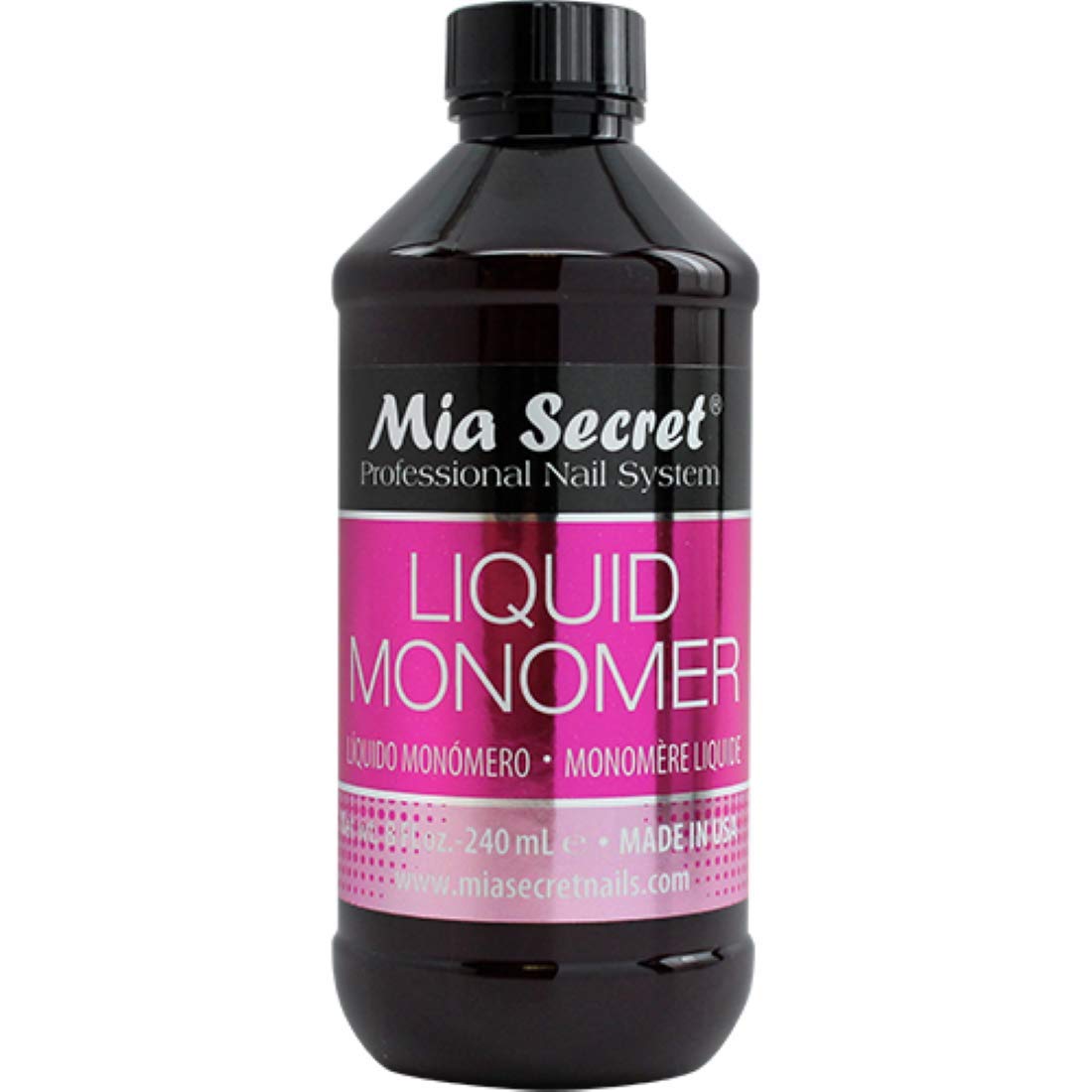 Mia Secret Liquid Monomer 8oz bottle closeup highlighting MMA-free formula for flexible nails.