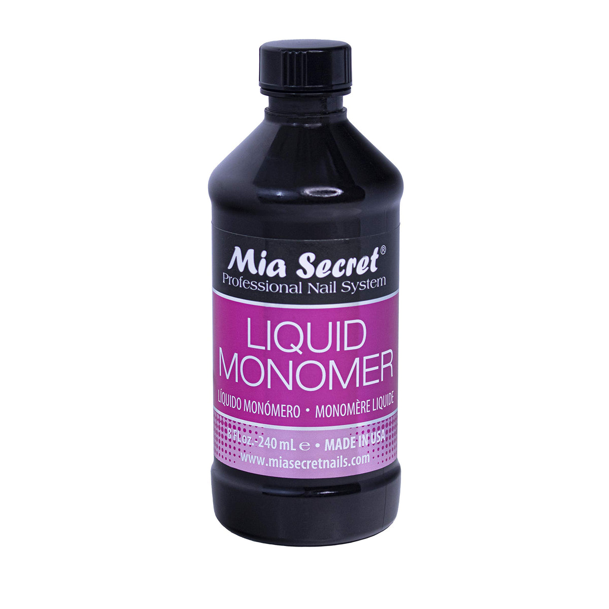 Mia Secret liquid monomer 8oz bottle for smooth acrylic blends in salons.