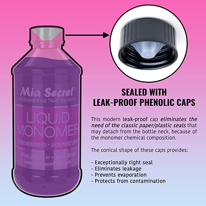 Mia Secret liquid monomer cap close demonstrates leak-proof seal for clean studio use.