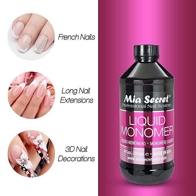 Mia Secret liquid monomer professional-use environment supports durable acrylic enhancements with trusted results.