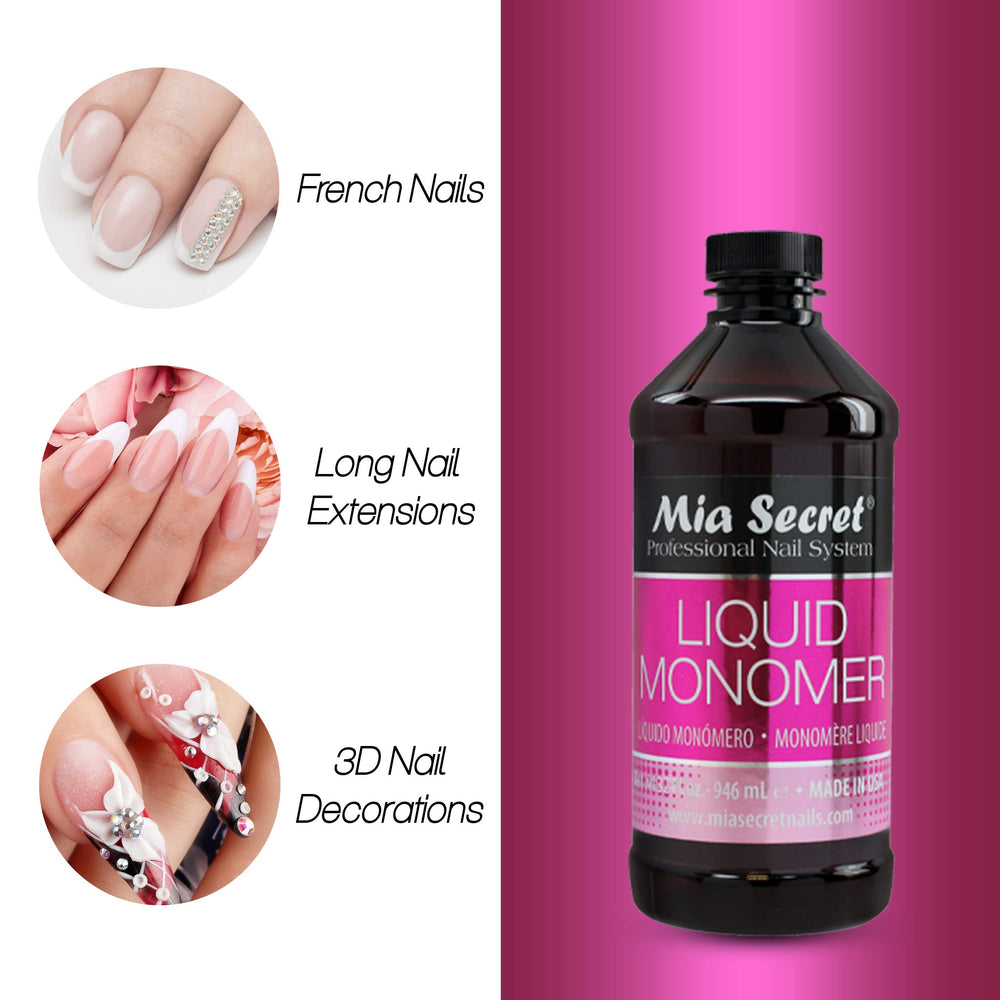 Mia Secret Liquid Monomer label closeup highlighting USA-made quality control