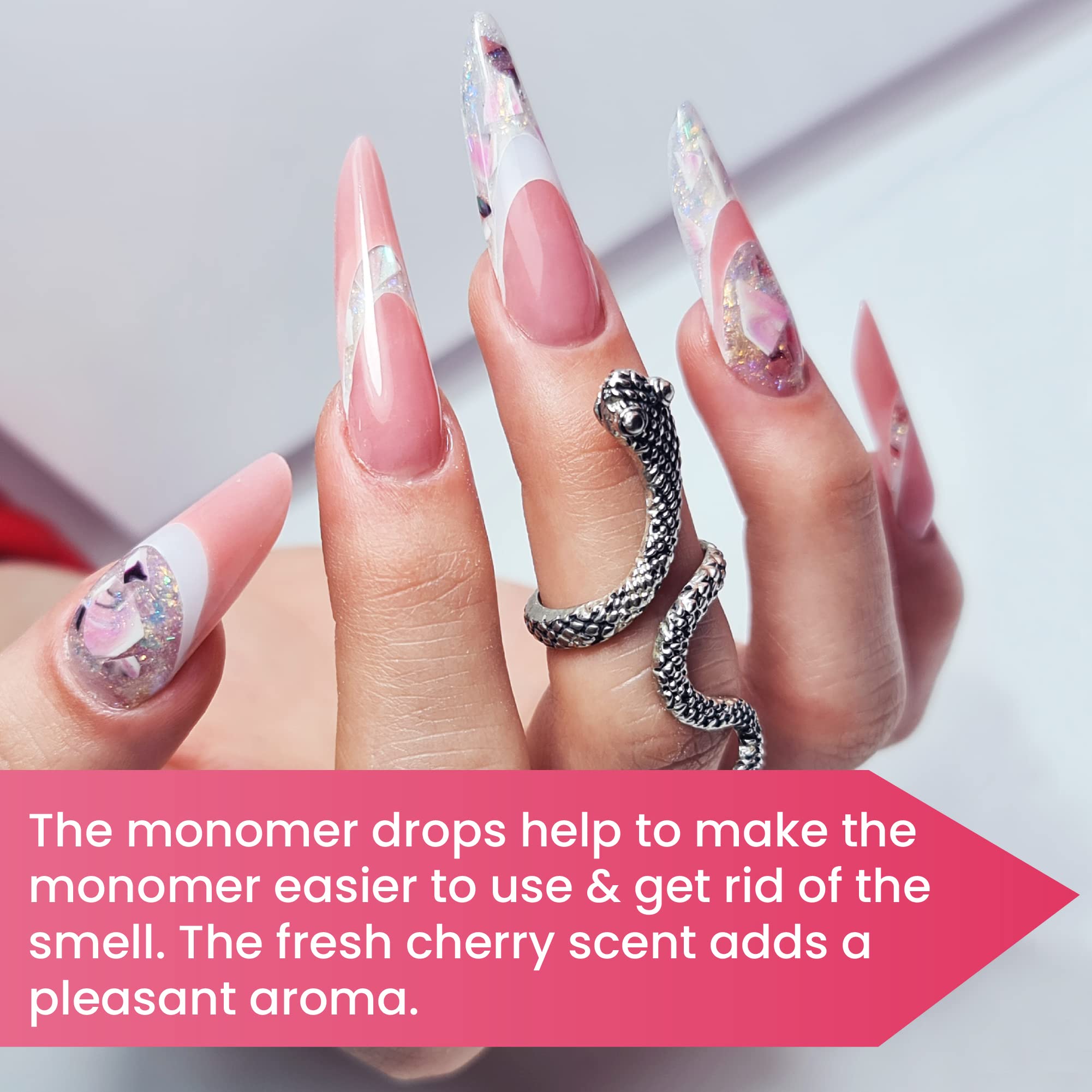 Mia Secret Monomer Drops Cherry close-up contrasts with clear monomer liquid
