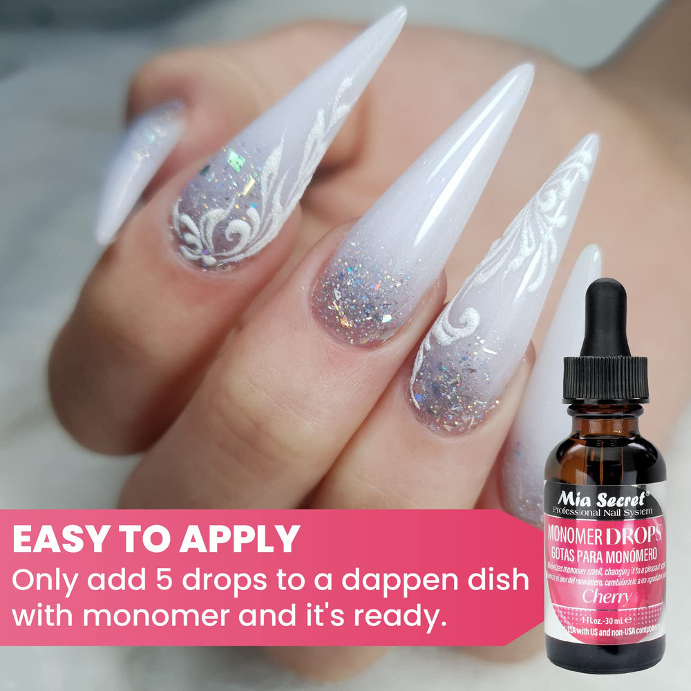 Mia Secret Monomer Drops Cherry bottle and cap illustrate compact 1oz convenience