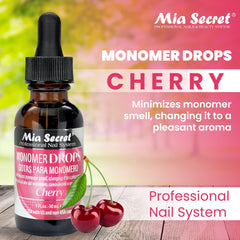 Mia Secret Monomer Drops Cherry in a dappen dish demonstrates quick 5-drop setup
