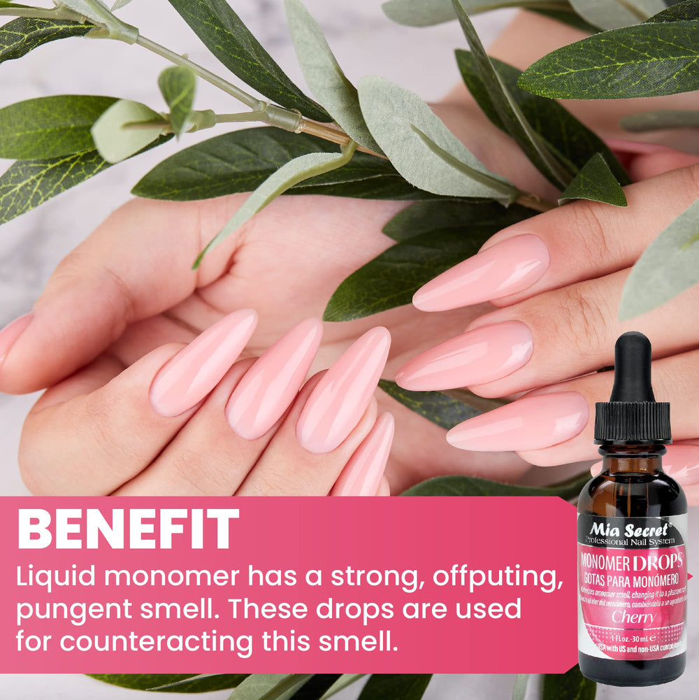 Mia Secret Monomer Drops Cherry bottle label highlights cherry scent for a pleasant aroma