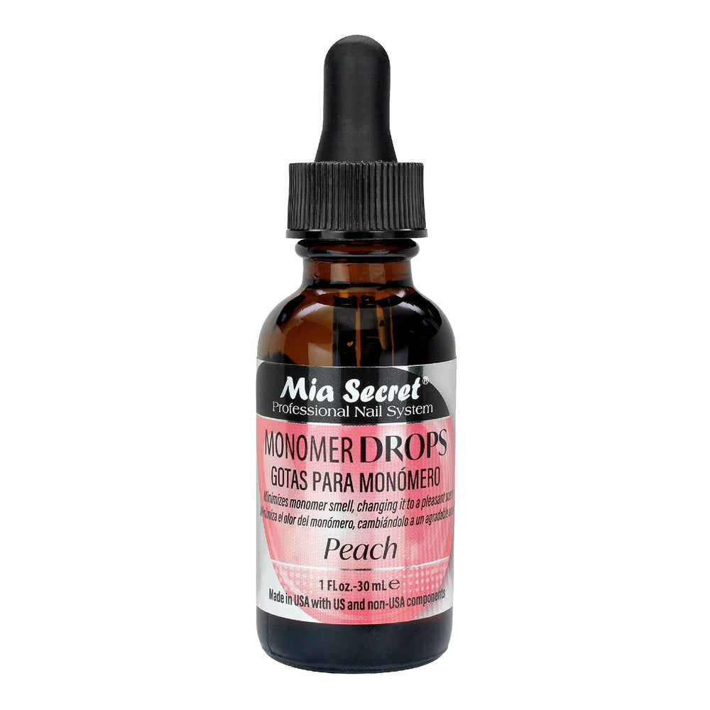 Mia Secret Monomer Drops Peach Bottle promotes odor control during acrylic sessions.