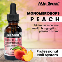 Mia Secret Monomer Drops Peach Dappen Dish setup for easy use and odor neutralization.
