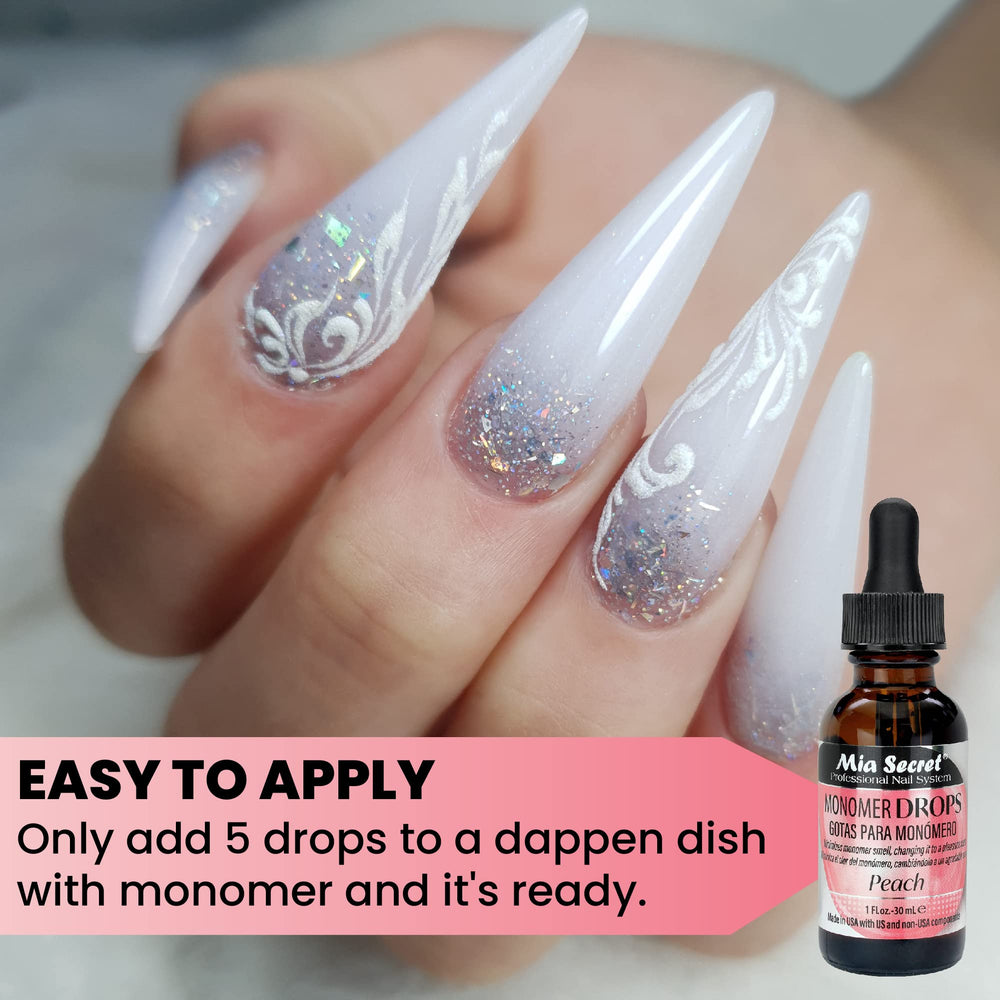 Mia Secret Monomer Drops Peach Packaging emphasizes value and scent appeal.