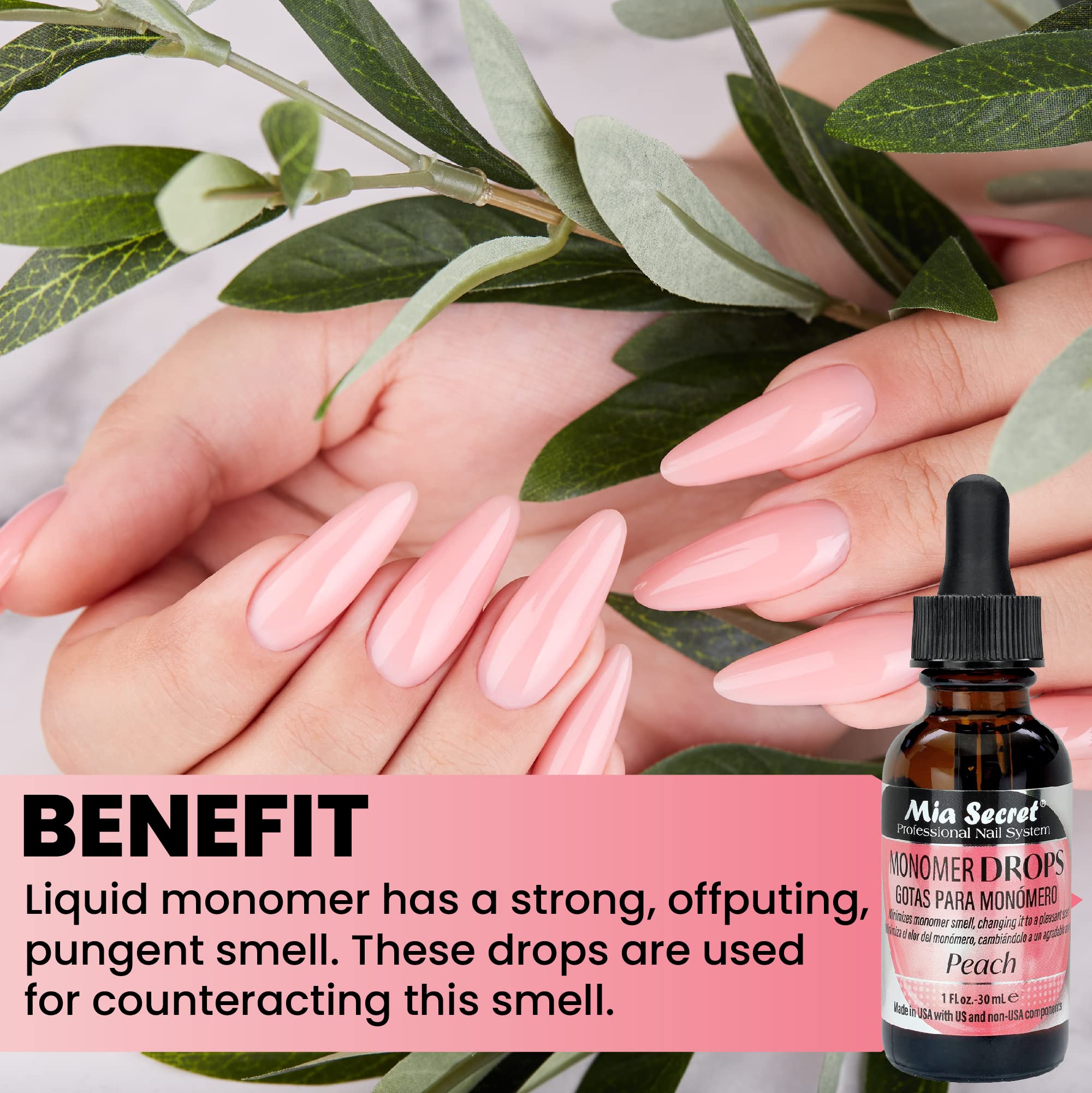 Mia Secret Monomer Drops Peach Pour demonstrates simple five-drop application.