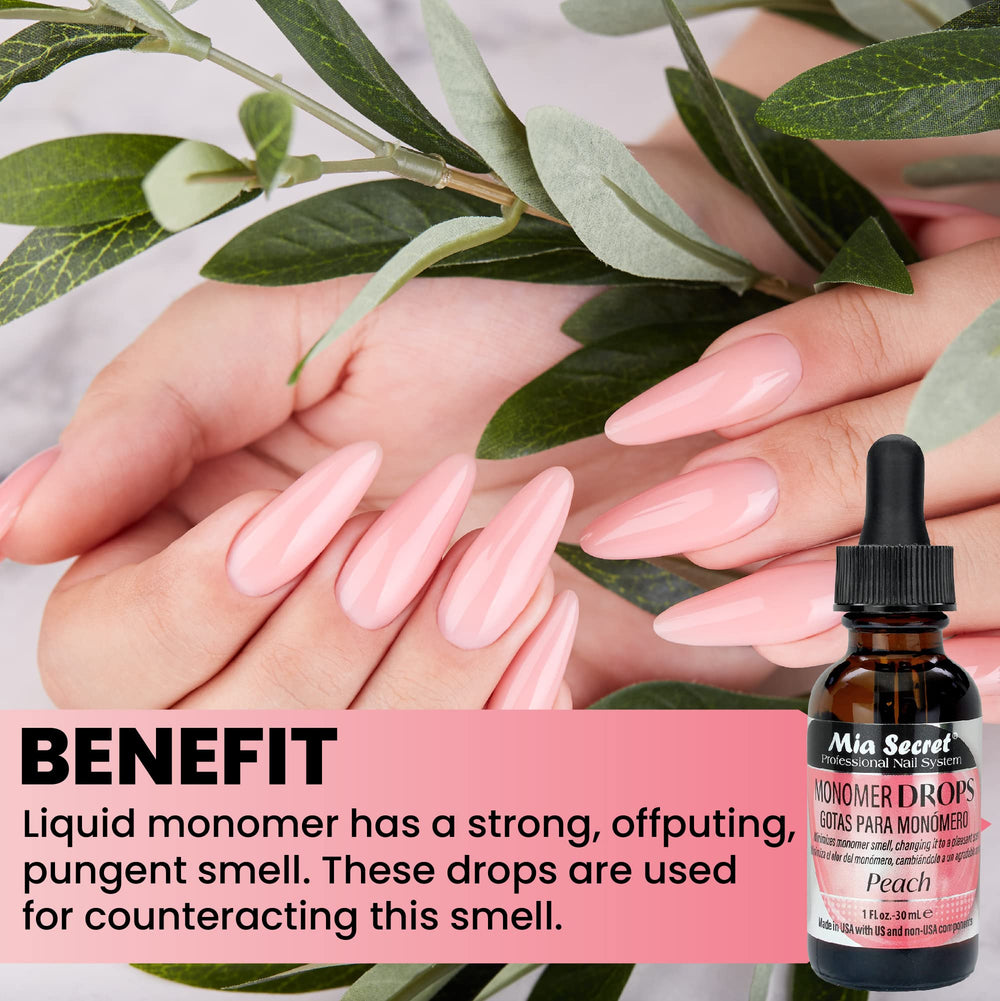 Mia Secret Monomer Drops Peach Pour demonstrates simple five-drop application.