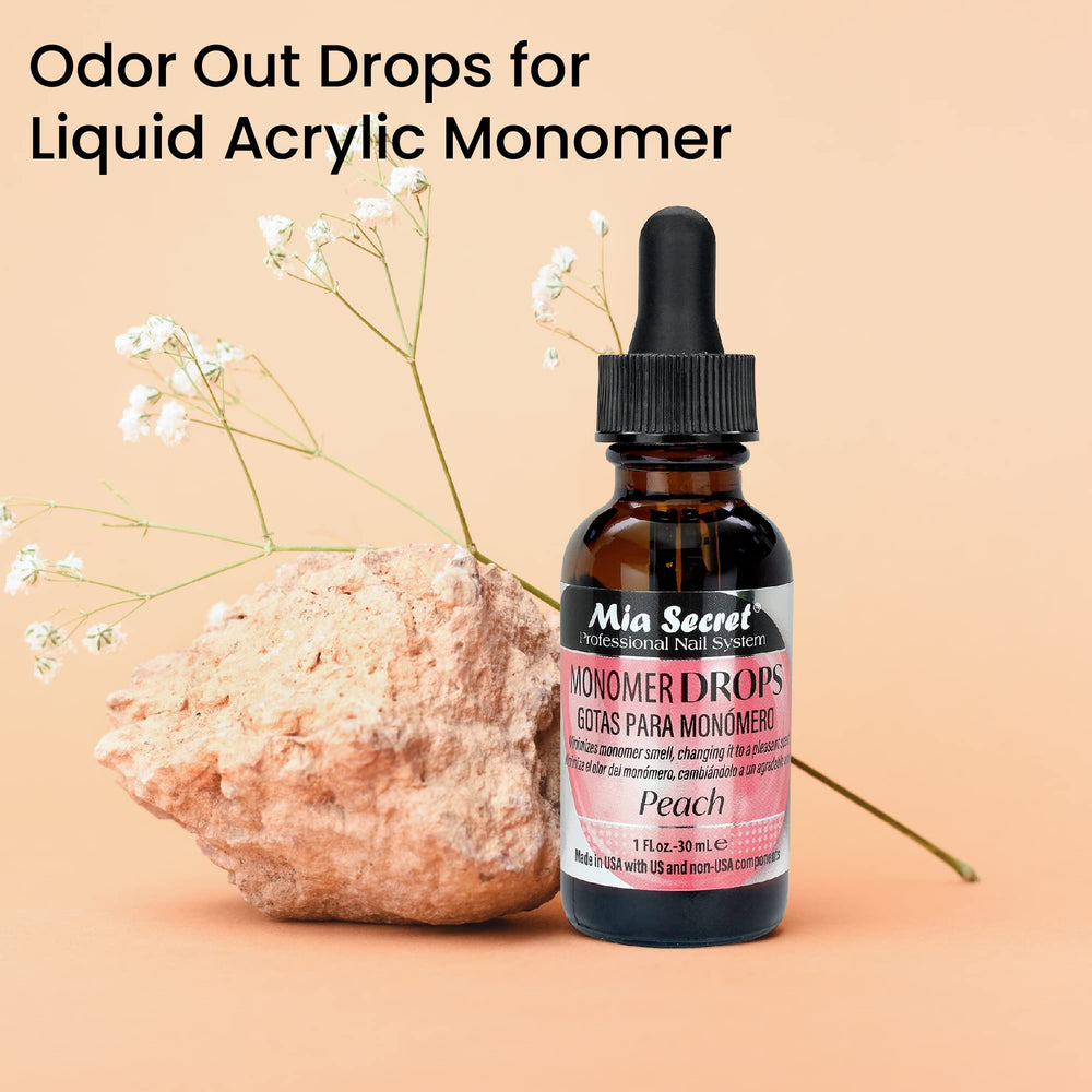 Mia Secret Monomer Drops Peach Studio Scene suggests a calmer acrylic workspace.
