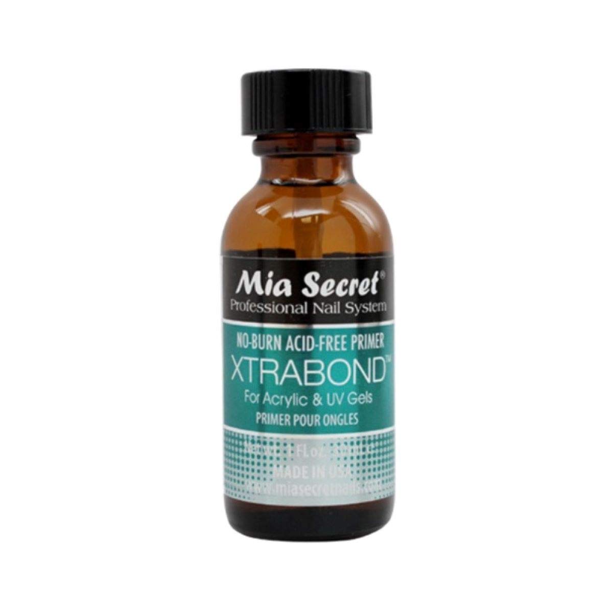 Mia Secret No Burn Xtra Bond primer bottle demonstrates acid-free adhesion for lasting nail enhancements.