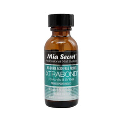 Mia Secret No Burn Xtra Bond primer bottle demonstrates acid-free adhesion for lasting nail enhancements.