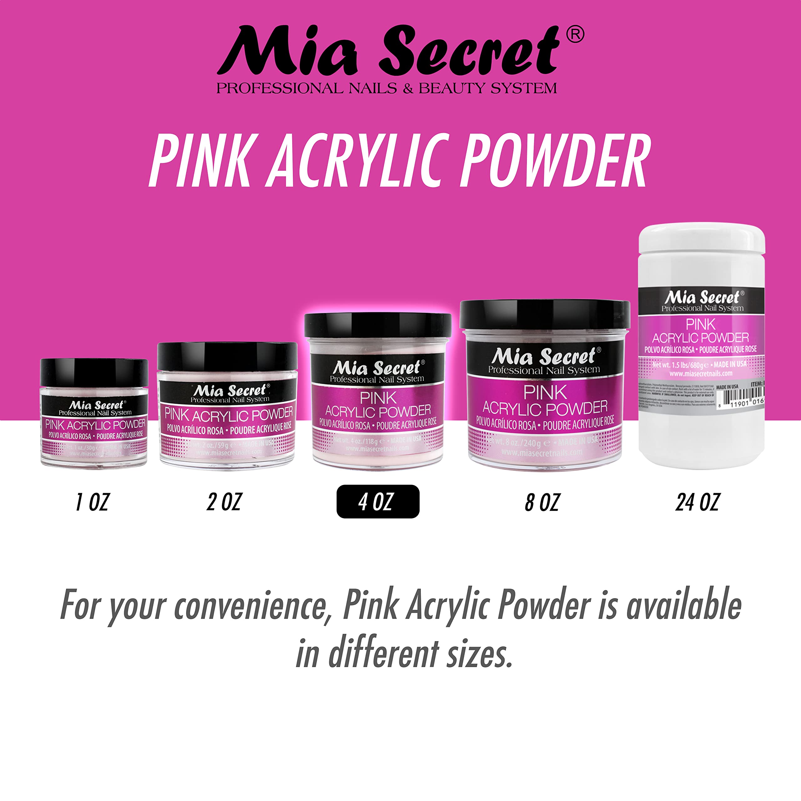Mia Secret Pink Acrylic Powder bottle cap highlights premium color and controlled mixing for smooth sculpting.