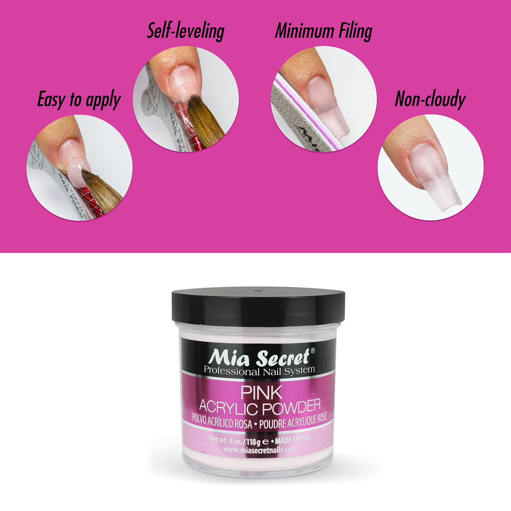 Mia Secret Pink Acrylic Powder nail-art swatch demonstrates versatile styling and long-lasting wear.