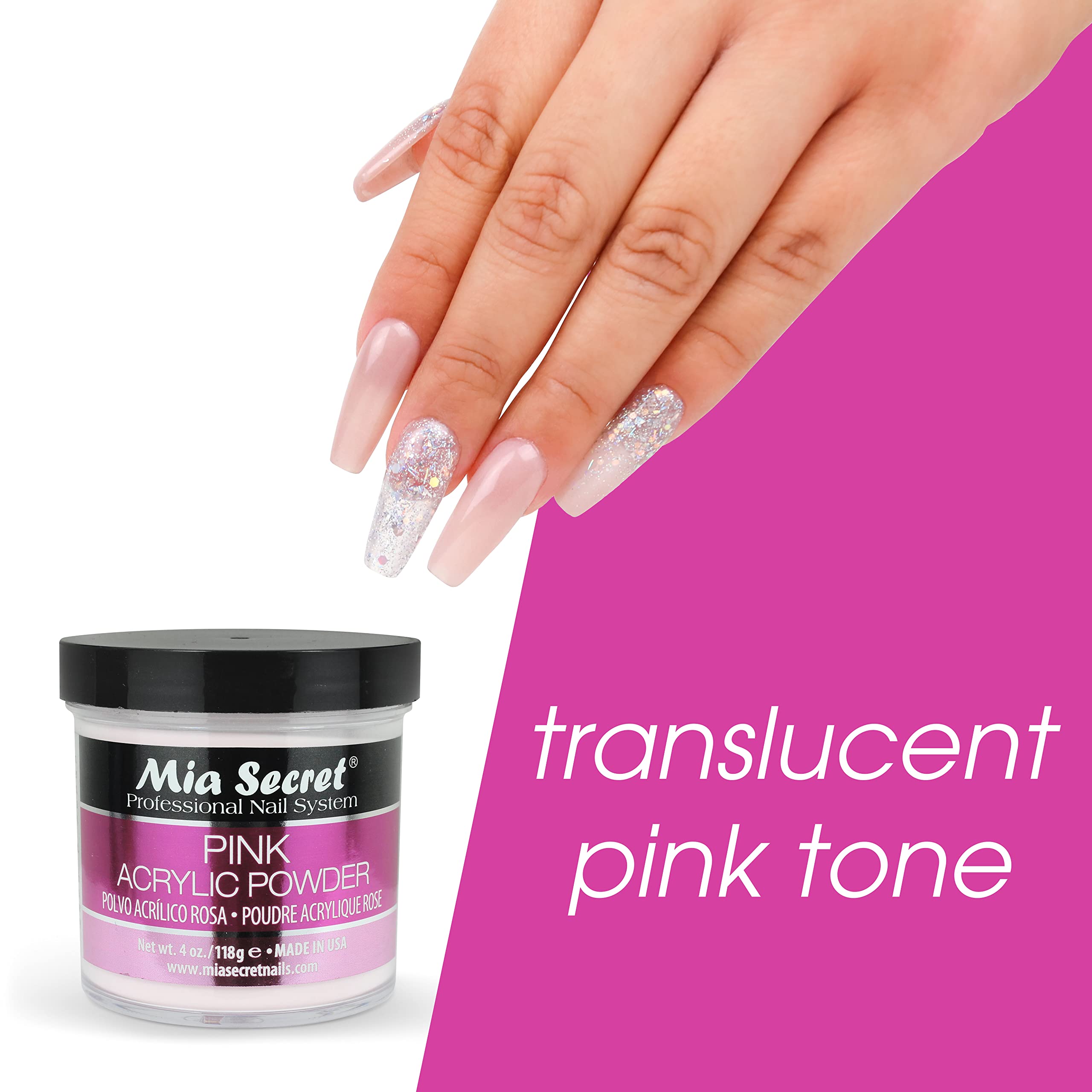 Mia Secret Pink Acrylic Powder non-yellowing formula keeps nails bright and clear.