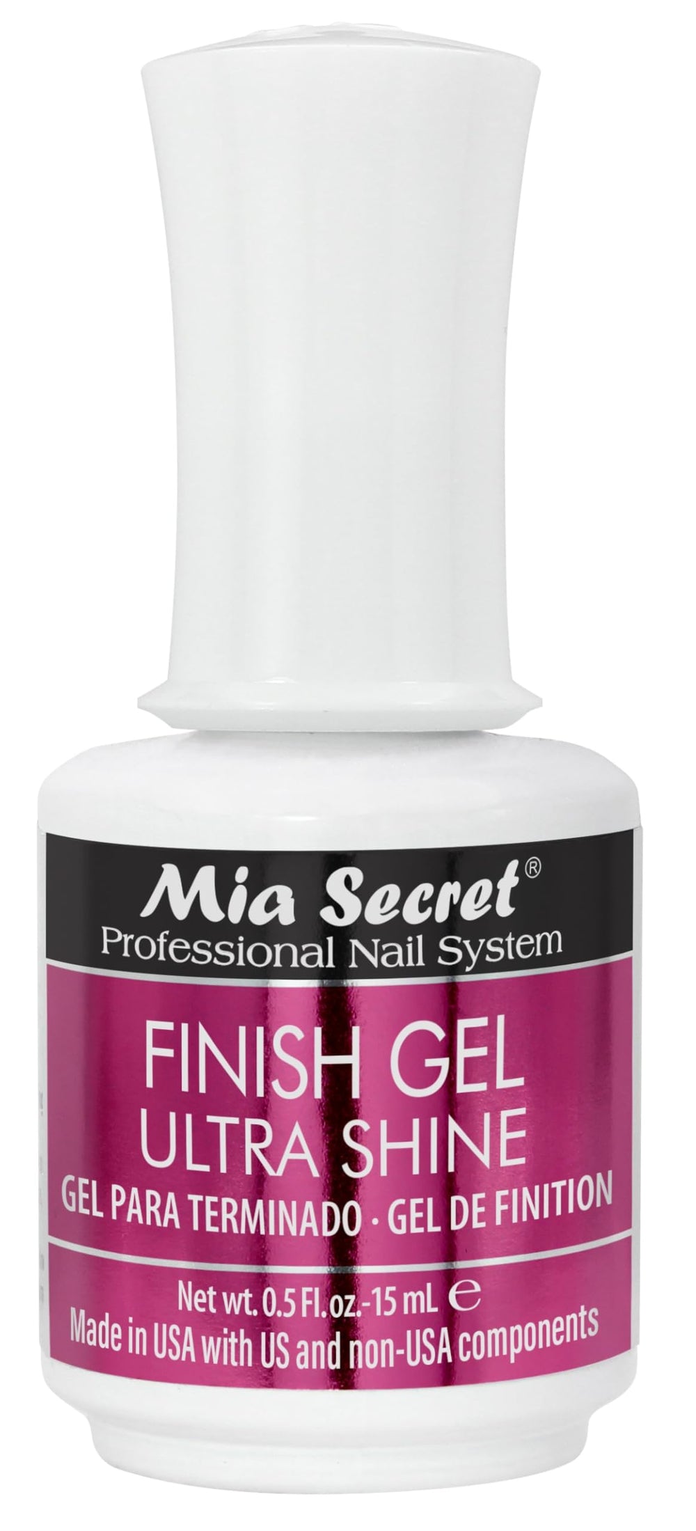 Mia Secret UV Finish top coat bottle close-up shows high-gloss, long-lasting shine.