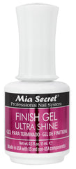 Mia Secret UV Finish top coat bottle close-up shows high-gloss, long-lasting shine.