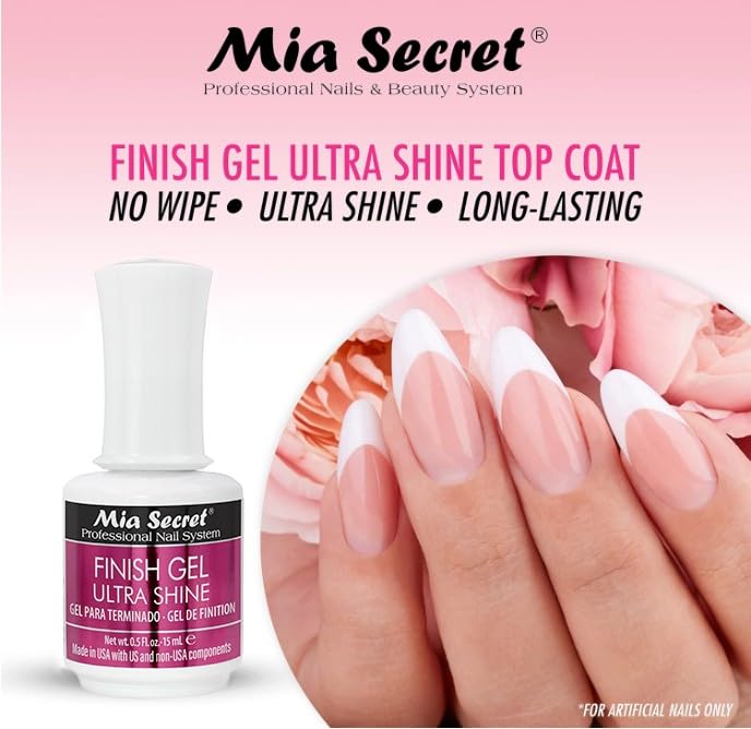 Mia Secret UV Finish on nails delivers ultra-glossy finish and up to 21 days wear.