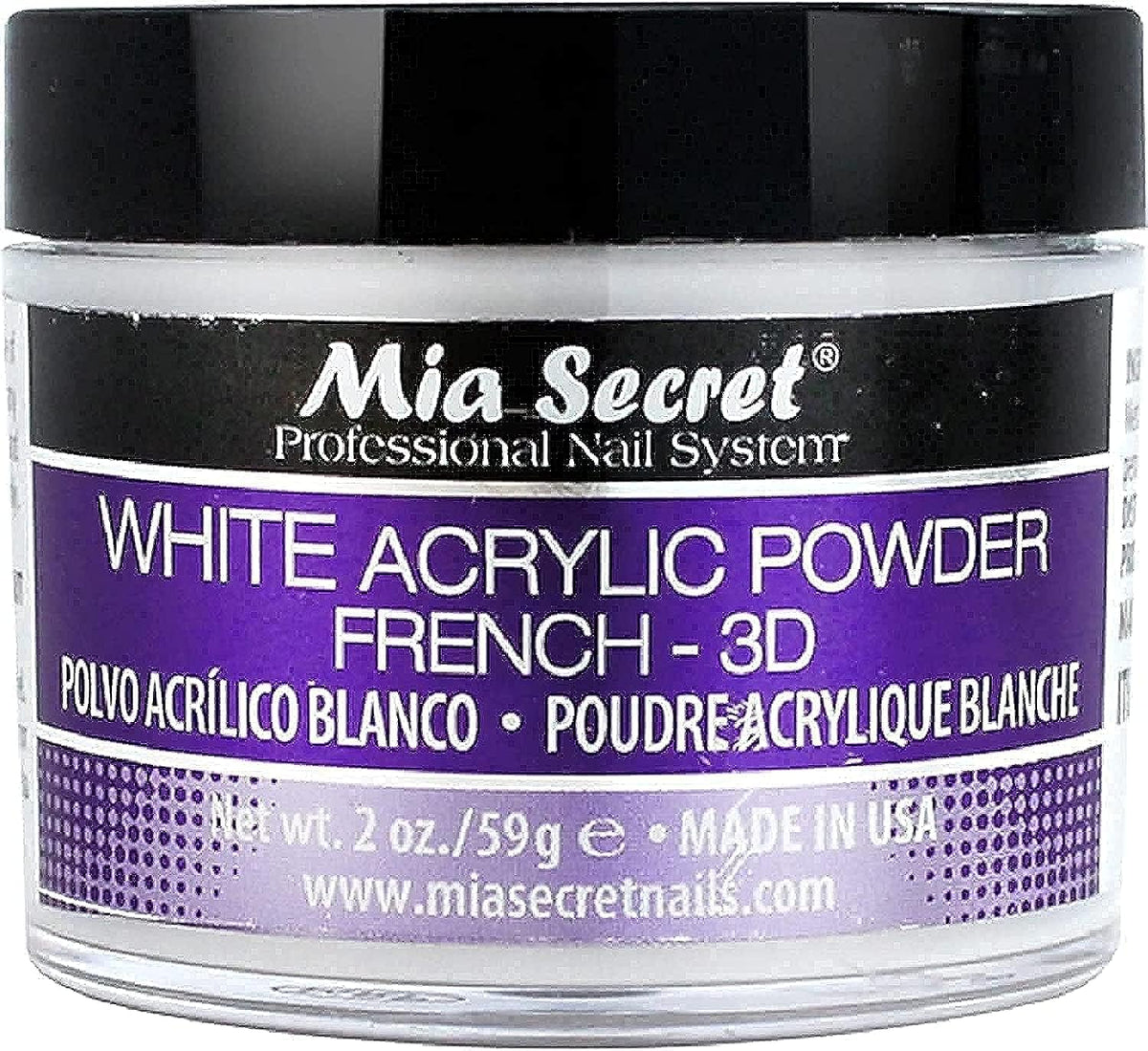 Mia Secret White Acrylic Powder 2oz jar closeup showing smooth consistency for clean sculpting.