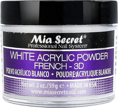 Mia Secret White Acrylic Powder 2oz jar closeup showing smooth consistency for clean sculpting.