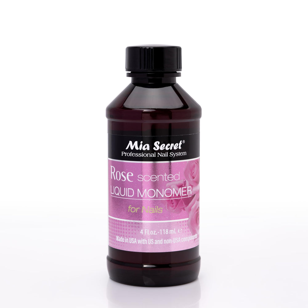 Mia Secret Rose Scented Monomer bottle shows calming aroma for a pleasant salon experience.
