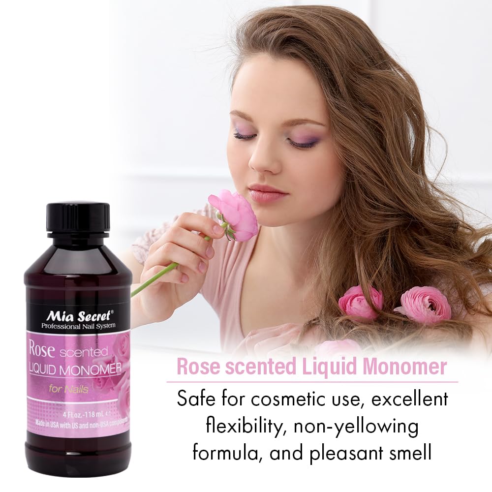 Mia Secret Rose Scented Monomer label emphasizes professional-grade quality and safety.