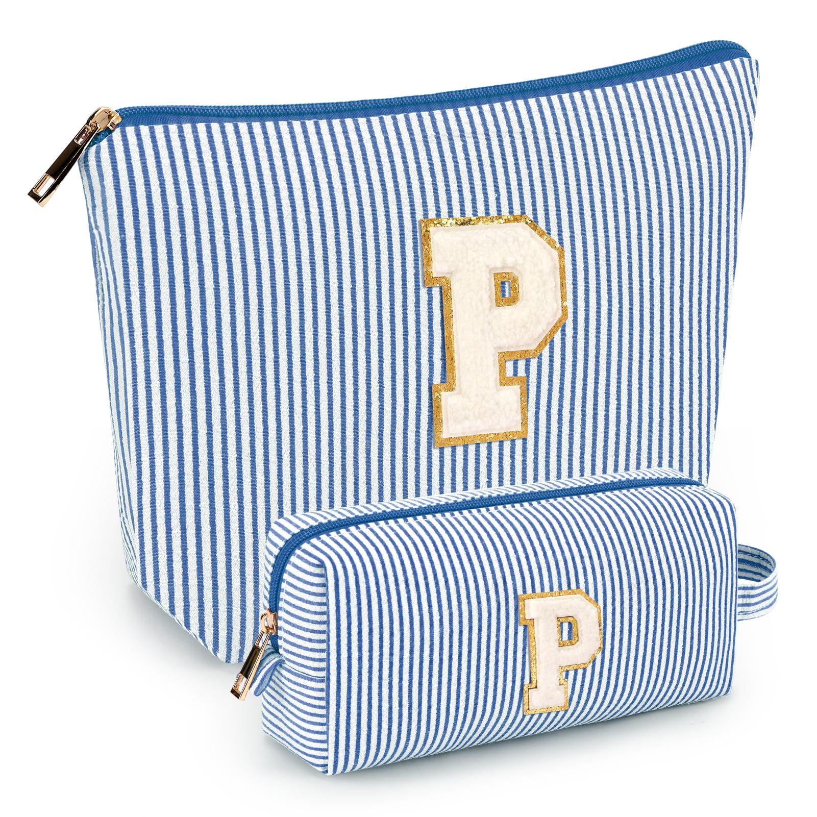 Mibasies 2pc initial makeup bags blue P front view show compact travel design