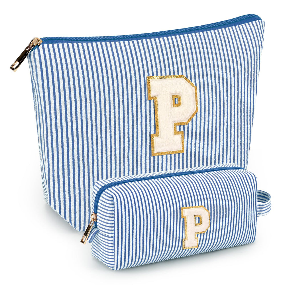Mibasies 2pc initial makeup bags blue P front view show compact travel design