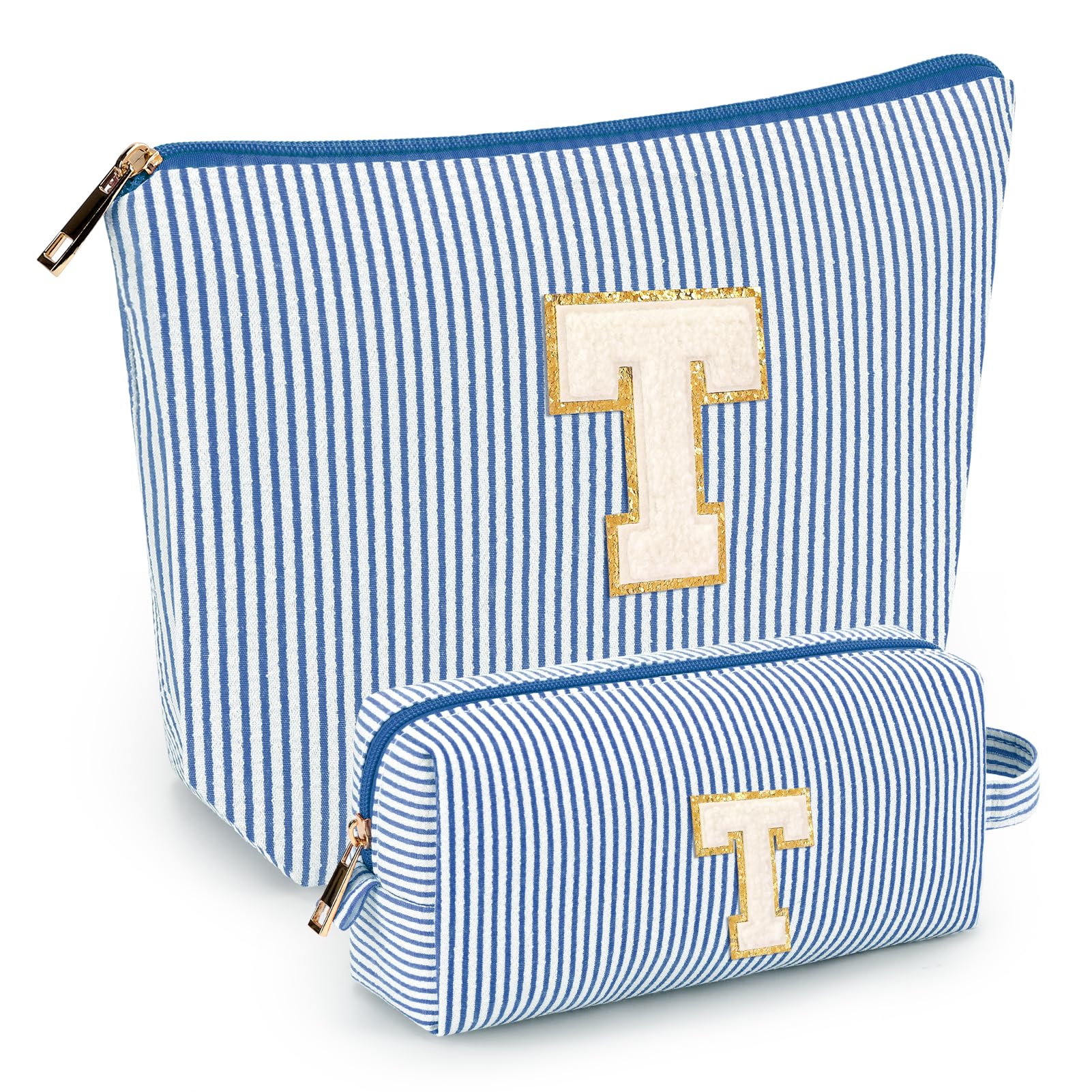 Mibasies 2pcs initial makeup bags blue front view for portable cosmetic organization.