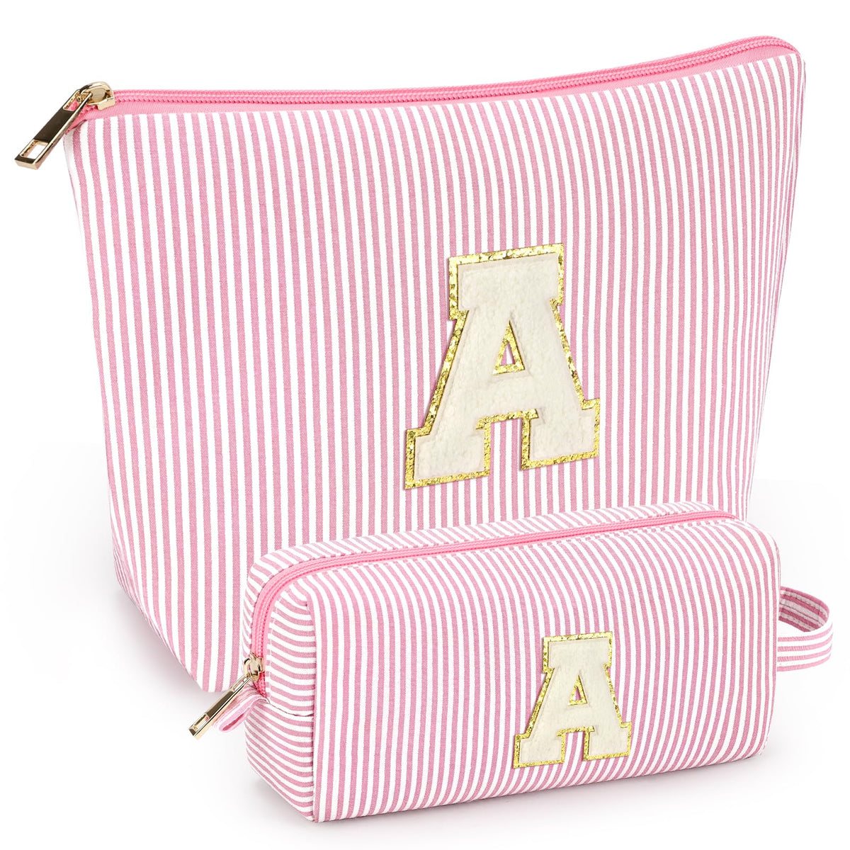 mibasies 2pcs initial makeup bags pink set front view for organized travel cosmetics.