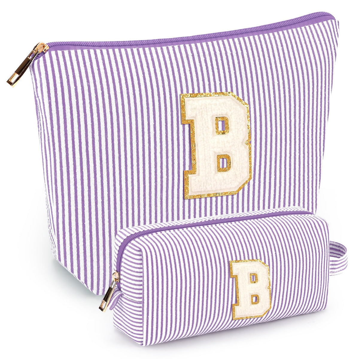 Mibasies 2Pcs Initial Makeup Bags purple front view for stylish travel organization.