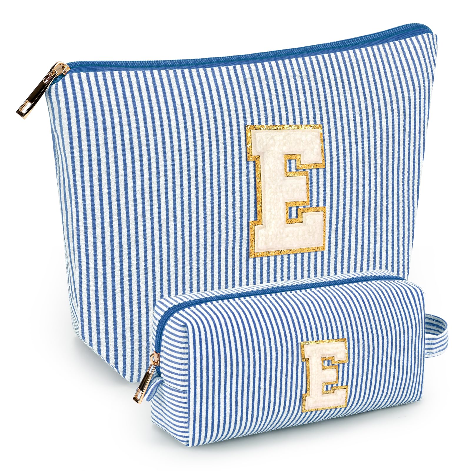 Mibasies initial makeup bag blue-e close-up highlighting alphabet lettering for personalized organization.