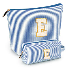 Mibasies initial makeup bag blue-e close-up highlighting alphabet lettering for personalized organization.