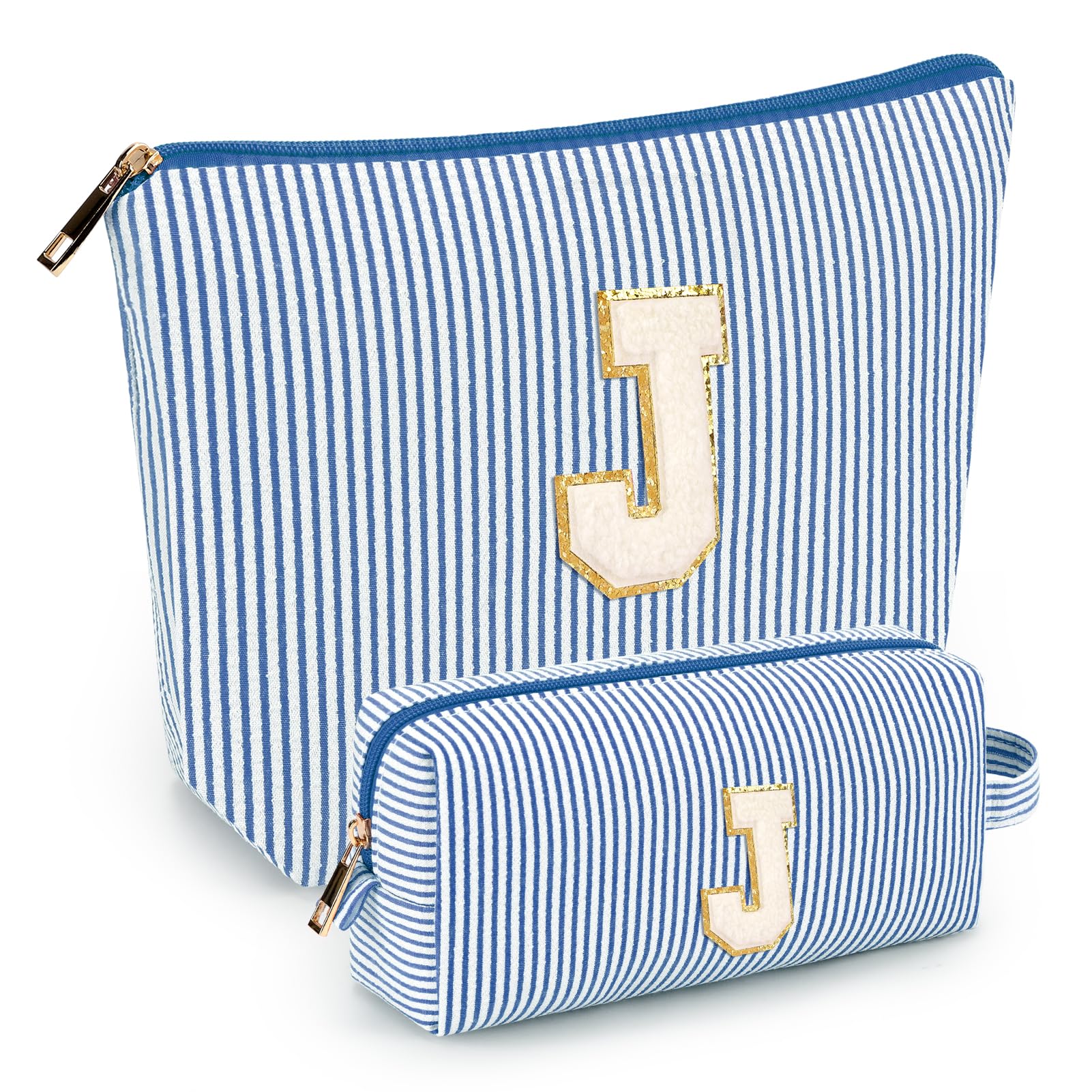 Mibasies initial makeup bag blue front view for organized travel cosmetics
