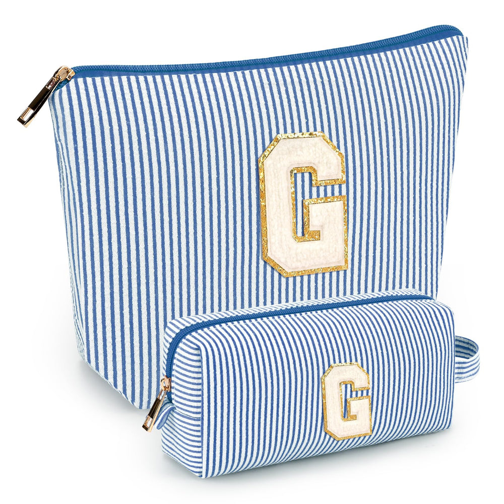 Mibasies initial makeup bags blue front view ideal for portable makeup organization on the go.