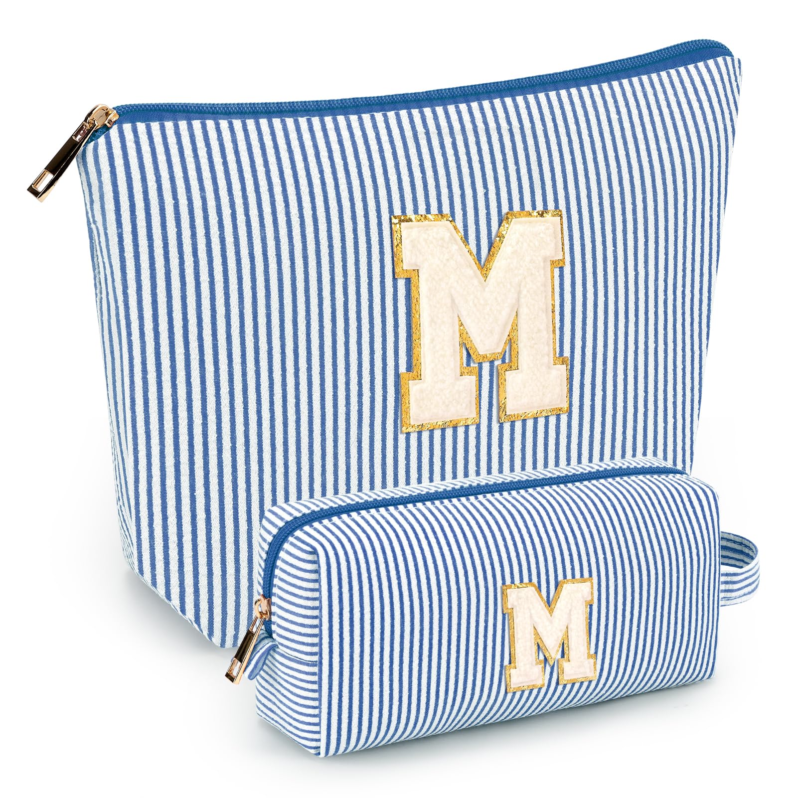 Mibasies initial makeup bags blue front view shows two-pack portability for travel essentials.