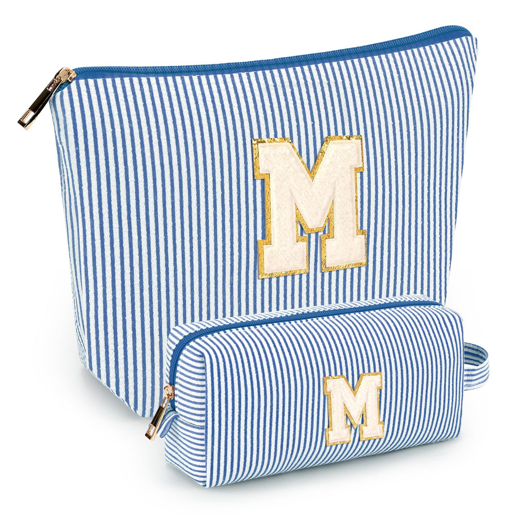 Mibasies initial makeup bags blue front view shows two-pack portability for travel essentials.