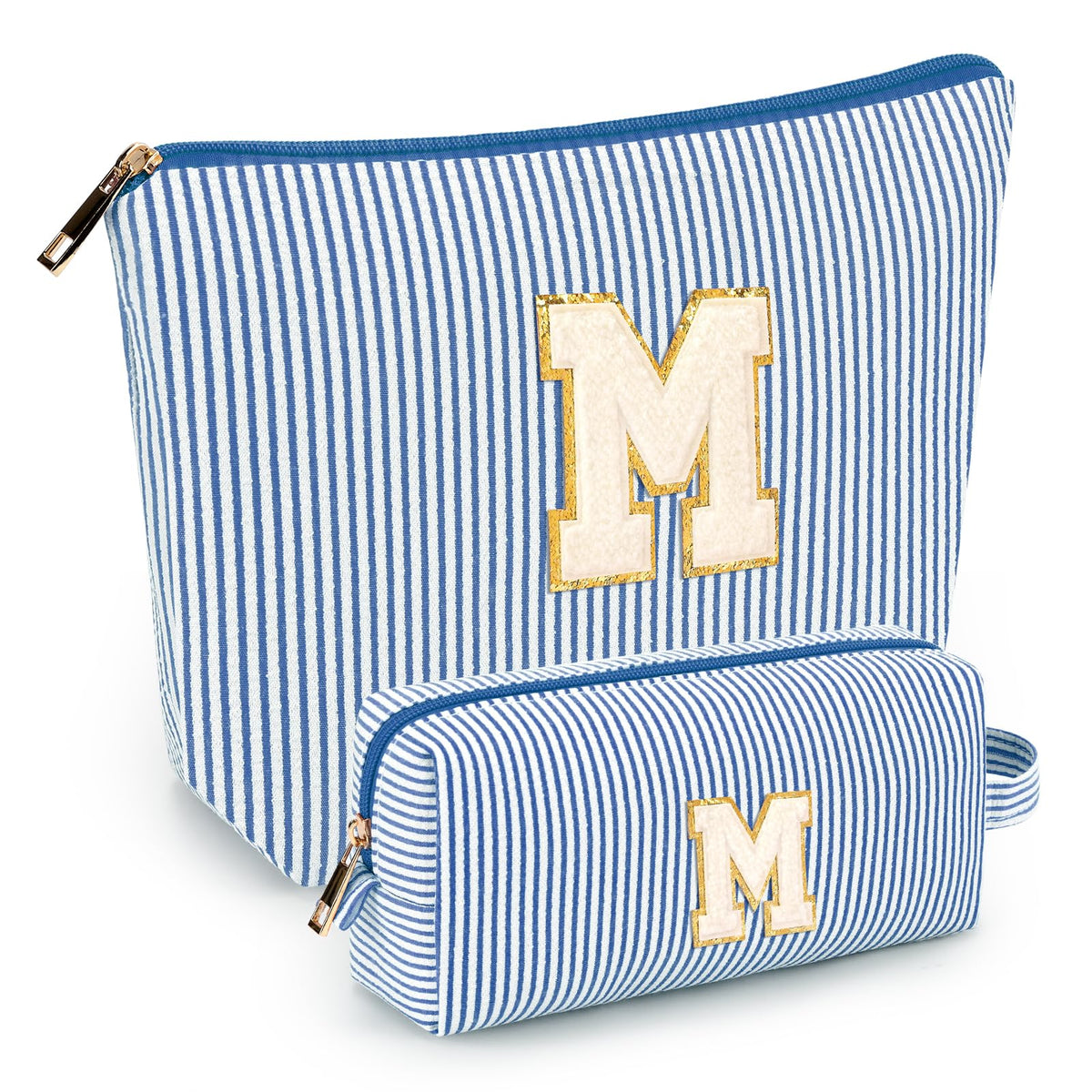 Mibasies initial makeup bags blue front view shows two-pack portability for travel essentials.