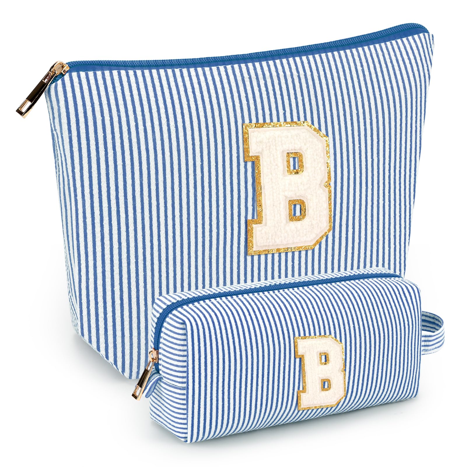 Mibasies initial makeup bags in blue front view, travel-ready cosmetics organizer