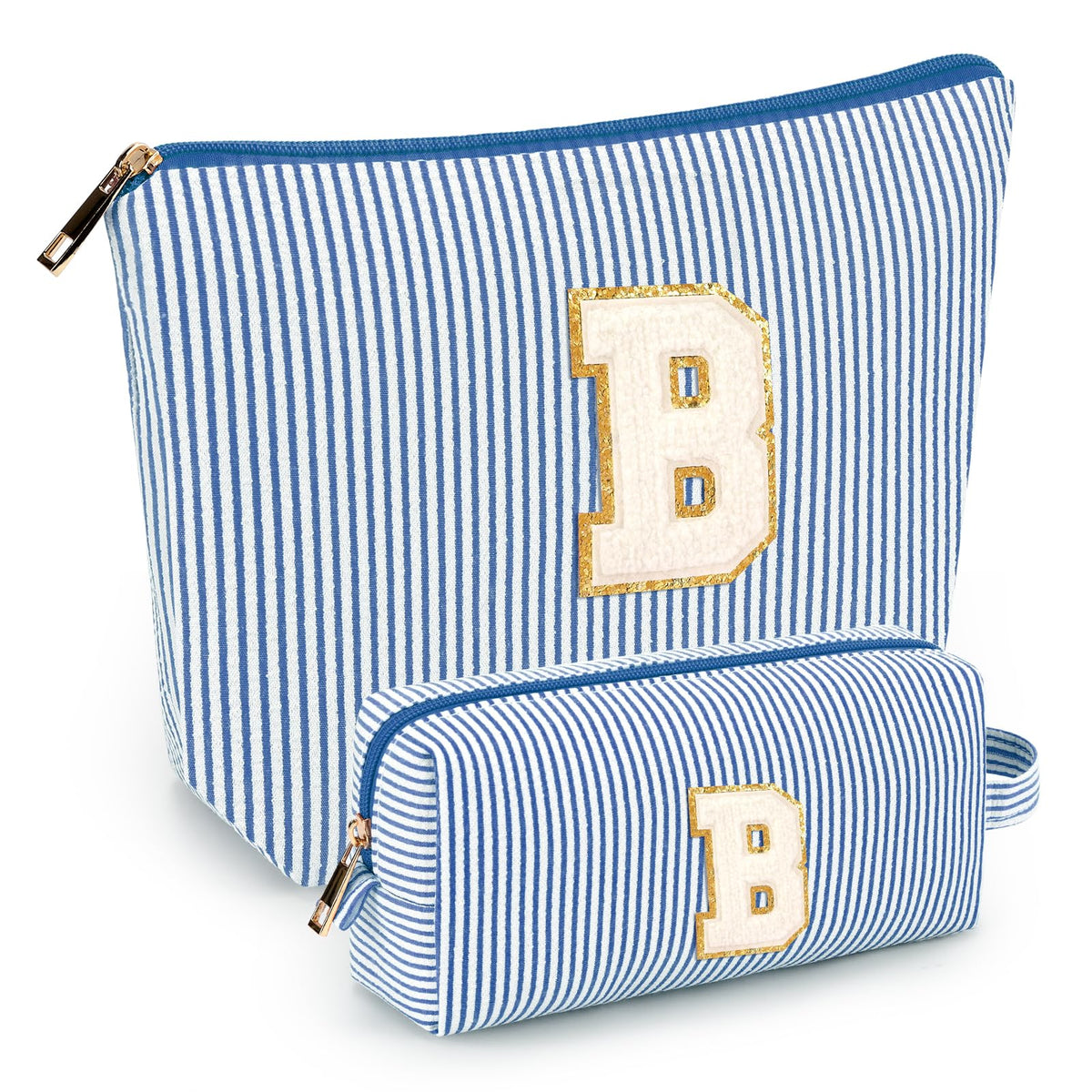 Mibasies initial makeup bags in blue front view, travel-ready cosmetics organizer